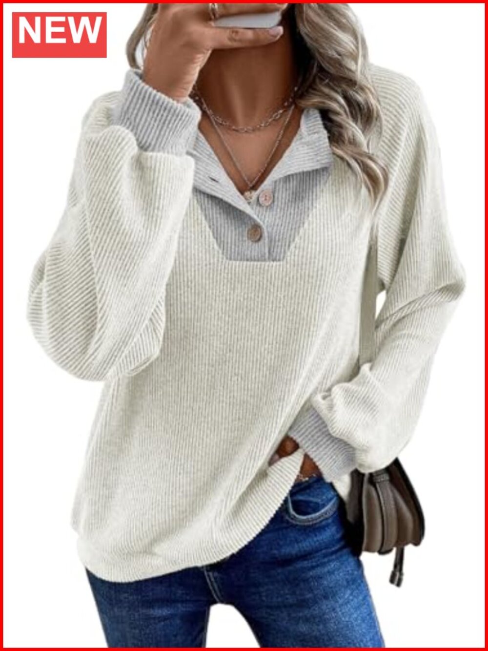 Women's V-Neck Button Knit Pullover Sweatshirt Fall Long Sleeve Top